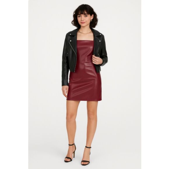 105 Wild Fable Faux Leather Burgundy Mini Dress with Spaghetti Straps - Picture 1 of 5